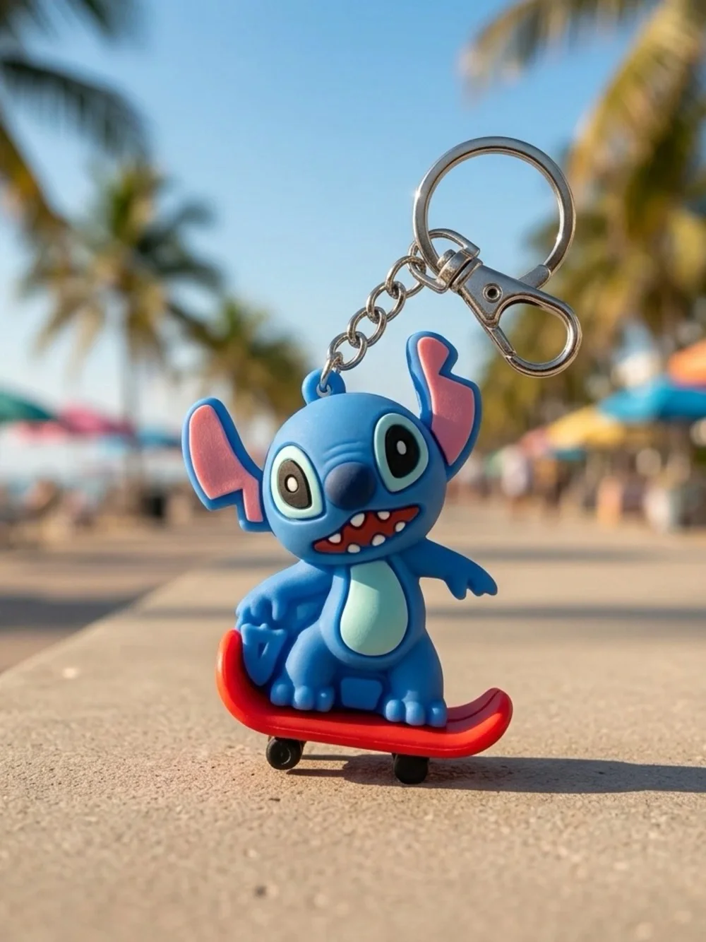 Disney Blue Stitch Skateboard Keychain with Red Deck